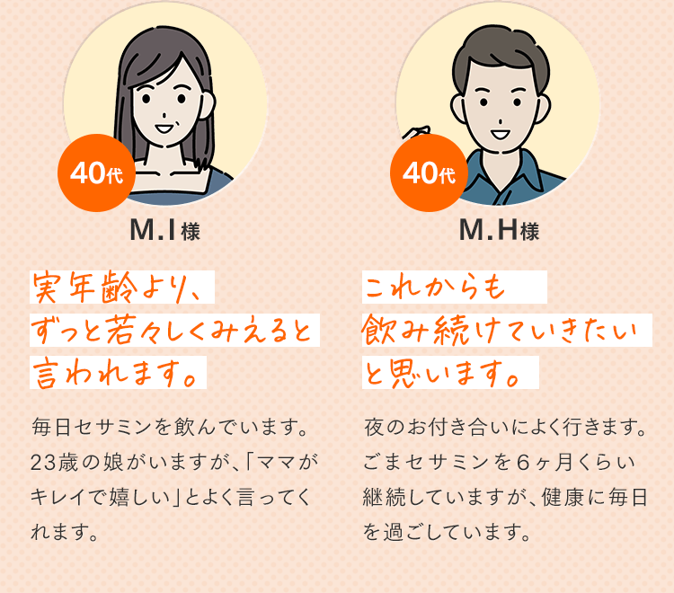 ・40代 M.I様 実年齢より、ずっと若々しくみえると言われます。・40代 M.H様 これからも飲み続けていきたいと思います。