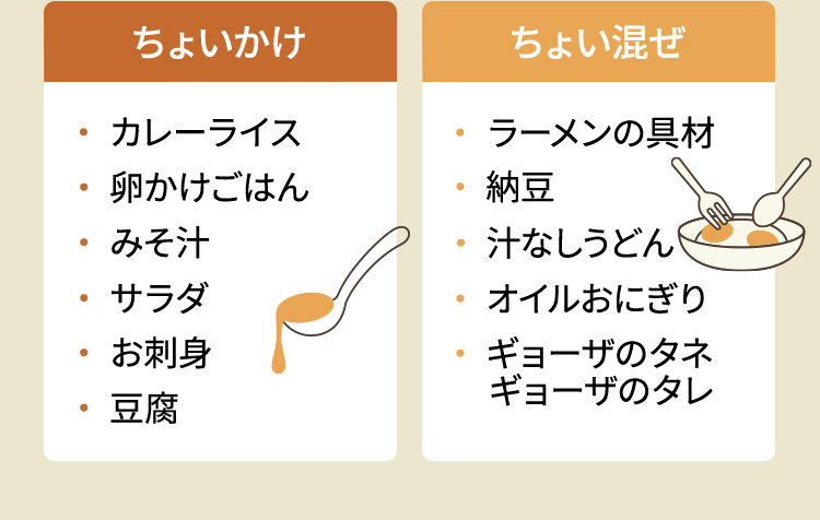 ちょいかけ　・カレーライス・卵かけごはん・みそ汁・サラダ・お刺身・豆腐　ちょい混ぜ・ラーメンの具材・納豆・汁なしうどん・オイルおにぎり・ギョーザのタネギョーザのタレ