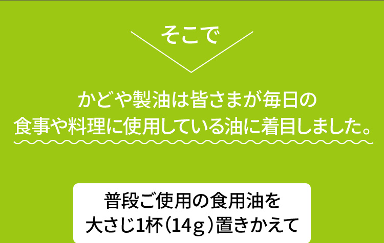 普段ご使用の食用油を大さじ1杯（14ｇ）置きかえてかどや製油は皆さまが毎日の食事や料理に使用している油に着目しました。